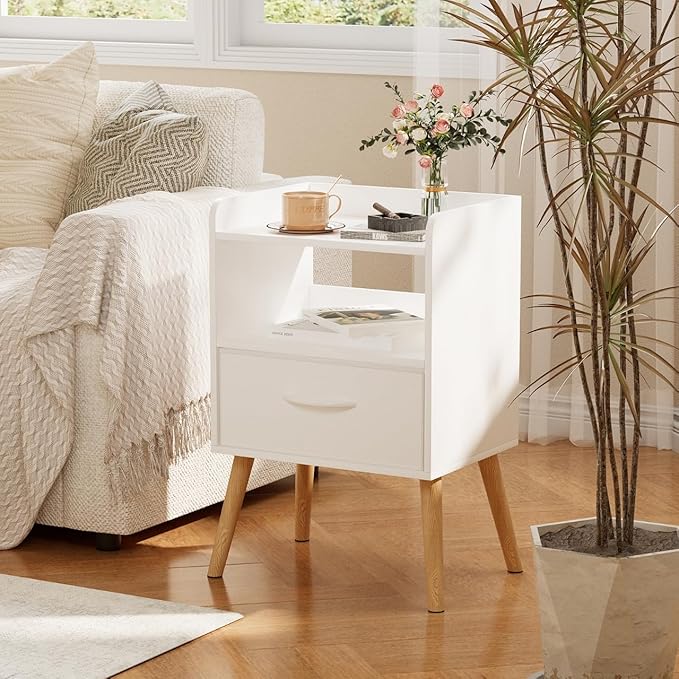 Narrow Nightstand with Open Shelf,Small Night Stand Bedroom Bedside Tables with Fabric Drawer Storage,Side Table End Table with Solid Wood Feet,Mid Century Night Stands for Home Sofa Couch(White)