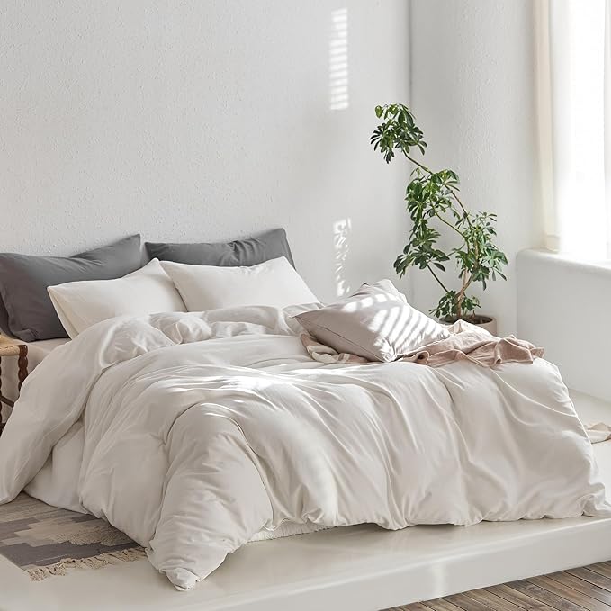 MooMee Queen Duvet Cover Set, 100% Washed Cotton Linen Like Twill Thick Sturdy Material Super Soft Breathable Durable Bedding for All Season, 3 Pieces (Off White, Queen 90"x90")
