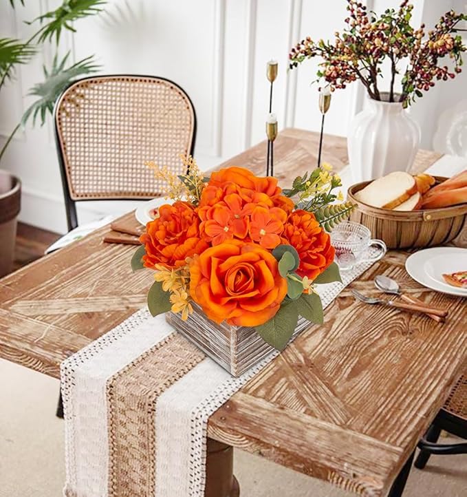 Flower Arrangement with Wooden Vase 8" Artificial Flowers in Pot - Fake Flowers Roses Peonies Hydrangeas in Wooden Vase Potted Artificial Flower Centerpieces for Table Decor Living Room - Burnt Orange