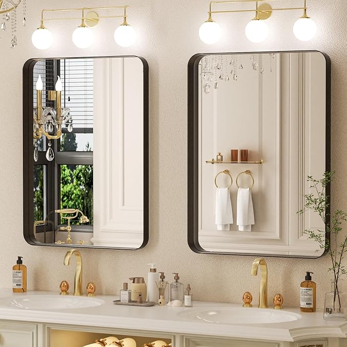 24×36 Black Bathroom Mirrors for Over Sink - Rectangular Wall Mirror with Rounded Corners & Metal Frame, Tempered-Glass Entryway Wall Decor for Bedroom, Living Room, Vanity, Horizontal/Vertical
