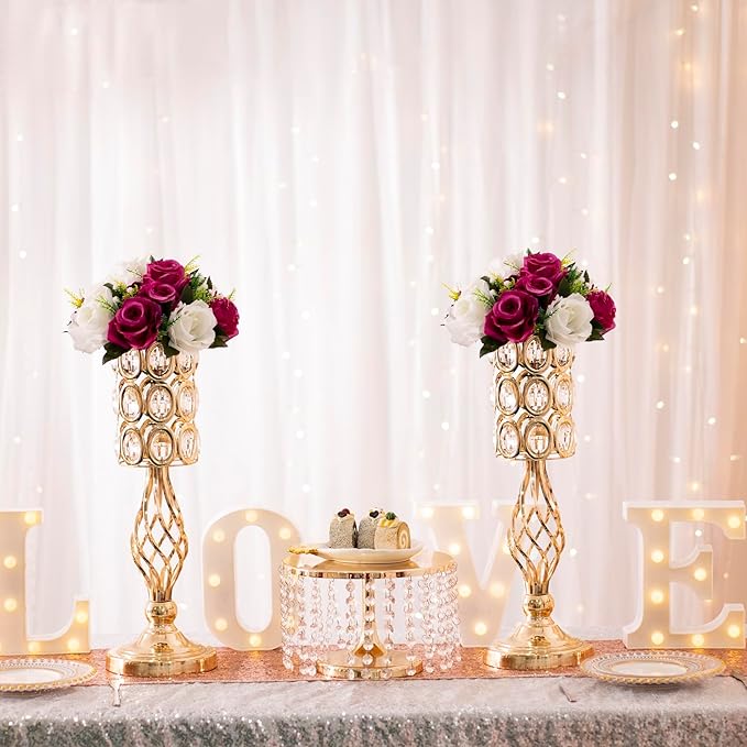 2pcs Gold Flower Trumpet Vases for Wedding Centerpieces for Tables, 20in Metal Diamond Crystal Flower Stand for Wedding Decorations for Reception Party Dining Room Living Room Decor