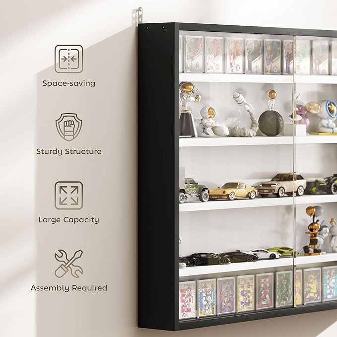 HOMCOM 5-Tier Display Cabinet, Glass Door Cabinet with Adjustable Shelves, Wall-Mounted Display Case for Playroom, Bedroom, Black and White