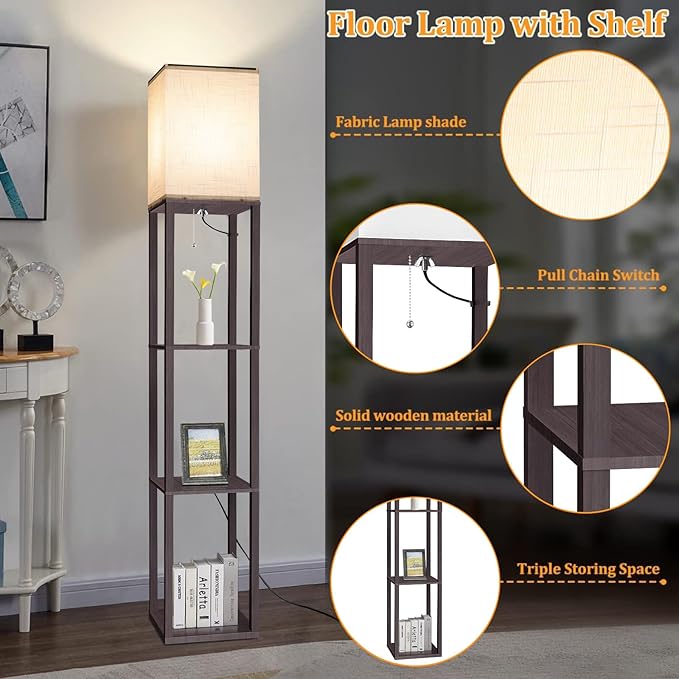 Dott Arts Floor Lamp with Shelves, Floor Lamps for Living Room Decor Display Shelf Lamps with 3 Color LED Bulb, Modern Floor Lamp for Bedroom Standing Lamp for Living Room Office,Home Decor（Walnut）