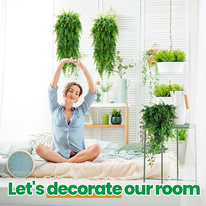 Geosar 104 Pcs Artificial Hanging Plants 32 Inch Hanging Boston Ferns Plastic Fake Plants for Wall Room Garden Wedding Garland Indoor Outdoor Decoration, No Basket
