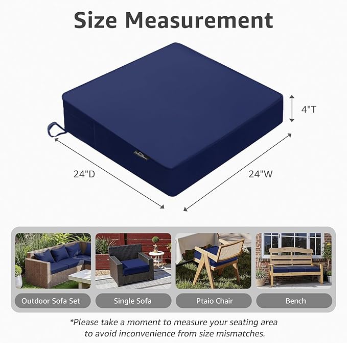Outdoor Chair Cushions 24 x 24 x 4 Inch, Waterproof & Fade Resistant Patio Seat Cushion for Furniture with Handle and Ties, Thick Seating Pads for Outside Sofa Couch Set of 2, Dark Blue