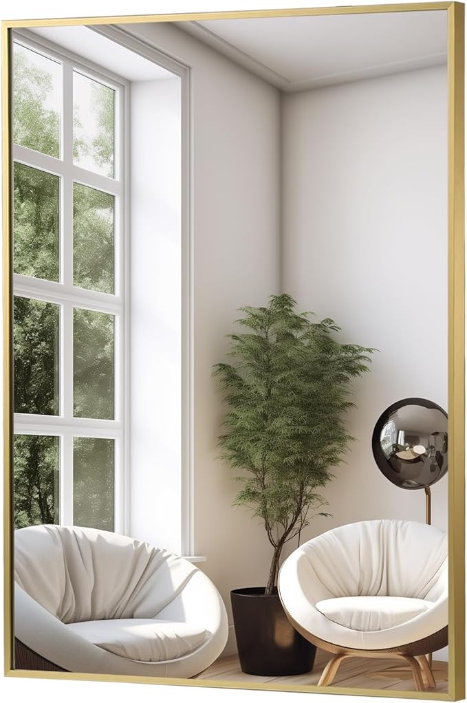 FARMER 24x36 Inch Gold Bathroom Mirror, Rectangle Wall Mounted Mirror, Vanity Mirror, Brushed Square Mirror, Framed Bathroom Mirror for Bedrooms, Entryways, Living Rooms, Horizontal/Vertical