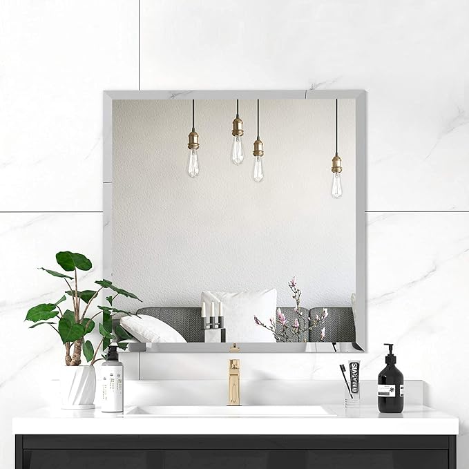 KOHROS Vanity Mirror Frameless Square Mirror, 24" x 24" Bathroom Wall Mirror w/Pencil Polished Edge, Anti-Rust, Tempered Glass, Hangs Horizontally or Vertically