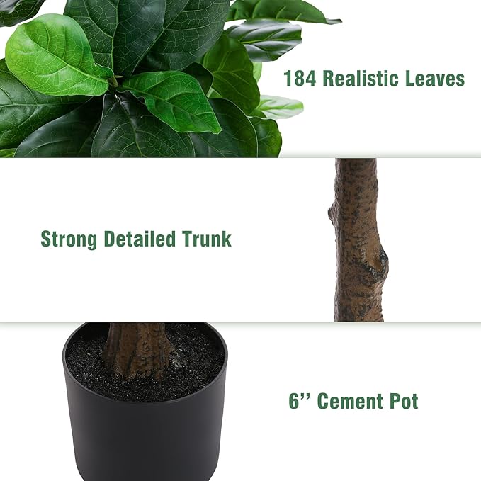 Fiddle Leaf Fig Tree 6ft Tall Artificial Tree in Pot Fake Ficus Lyrata Plants with 184 Decorative Fiddle Leaves Faux Fig Trees for Home Office Living Room Decor Indoor Outdoor, 2 Pack