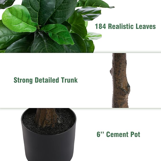 Fiddle Leaf Fig Tree 6ft Tall Artificial Tree in Plastic Pot Fake Ficus Lyrata Plants with 184 Decorative Fiddle Leaves Faux Fig Trees for Home Office Living Room Decor Indoor Outdoor