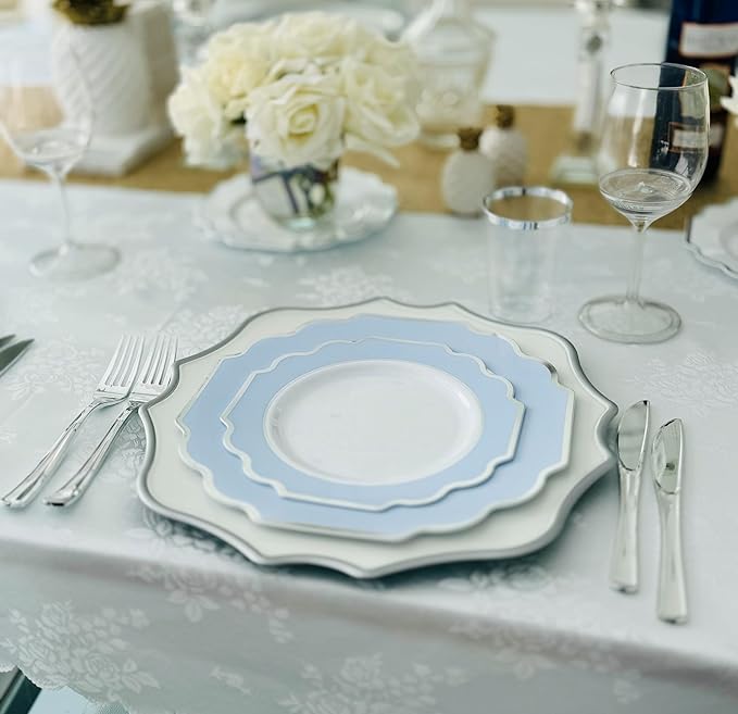 " OCCASIONS " 120 Plates Pack,(60 Guests) Heavyweight Premium Wedding Party Disposable Plastic Plates Set -60 x 10.5'' Dinner + 60 x 8'' Salad/Dessert (Imperial in White/Blue & Silver)