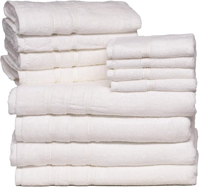 Mosobam Luxury Turkish 12pc Towel Set 30X58 16X30 13X13 White Oversize 700 GSM Bamboo Viscose & Aegean Turkish Combed Cotton