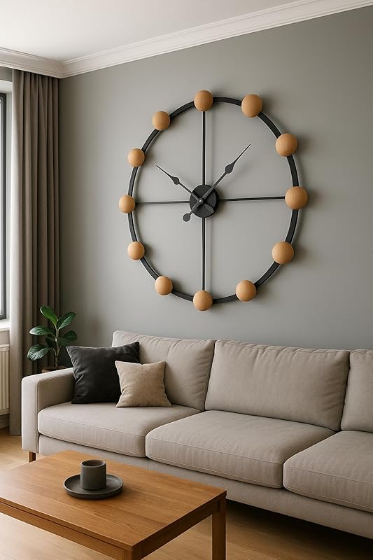 Large Modern Wall Clock – Black Metal Frame with Wooden Spheres – Minimalist Industrial Design – Silent Non-Ticking – Unique Wall Art for Living Room or Office (16 Inch / 41 cm)