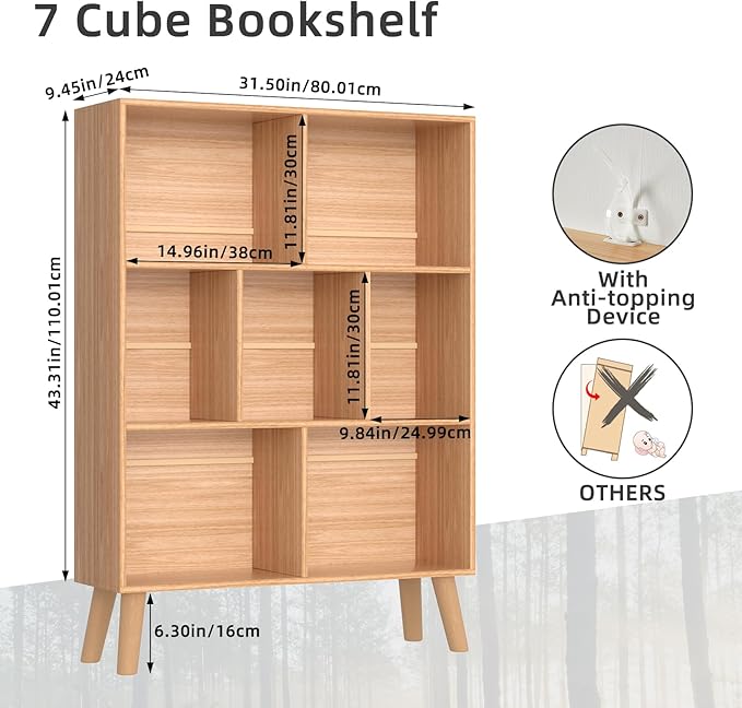 LEYAOYAO 7 Cube Bookshelf, 3 Tier Modern Bookcase with Legs, Mid-Century Modern Wood Book Shelves Storage, Boho Natural Book Case, Freestanding Organizer Display Shelf for Bedroom,Living Room,Office