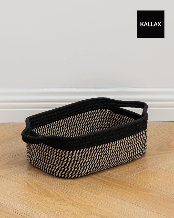 KALLAX Small Woven Basket, 12 x 8 x 4.5 Inches, Small Storage Baskets for Organizing, Gift Baskets Empty, Cute Rope Shelf Closet Storage Bins for Shelves, Dog Toy Basket, Black & Brown