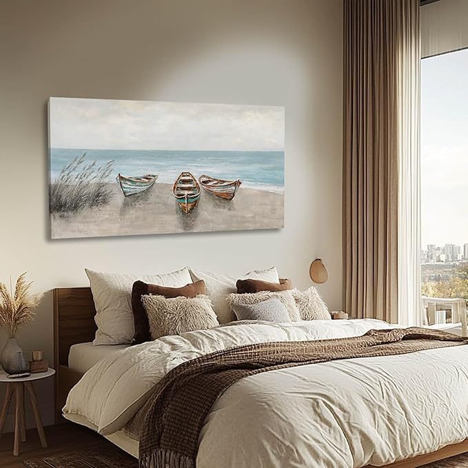 WINKAILIN Coastal Wall Art Beige and Blue Pictures Wall Decor Boat Canvas Prints 24"x 48" Scenery Artwork Vintage Posters for Bedroom Office Home