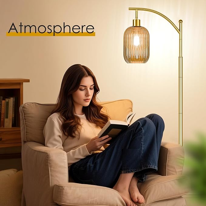 Glass Floor Lamp for Living Room, Modern Gold Standing Lamp with Ribbed Glass Lampshade Pedal Switch, 67” Tall Lamp for Bedroom Study Room