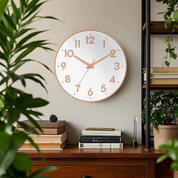 Mosewa Wall Clock 10 Inch, Battery Operated Silent Non-Ticking Modern Analog Clock Decorative for Kitchen, Bedroom, Office, Living Room(Rose Gold)