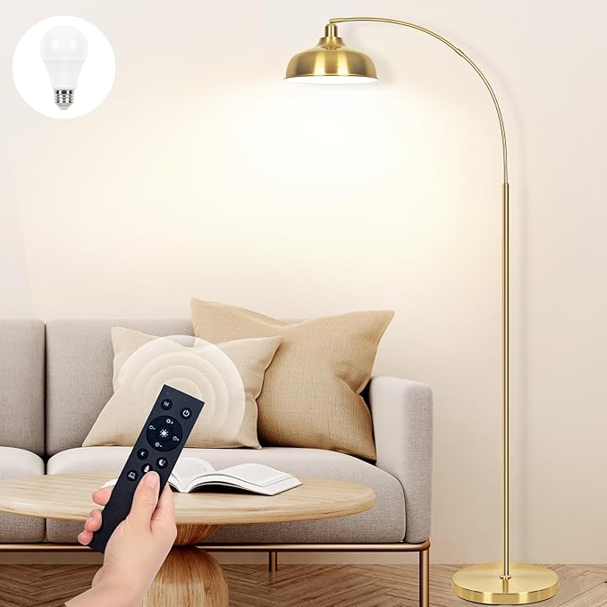 Gold Floor Lamps for Living Room- Arc Floor Lamps with 9W Bulb, 360° Adjustable Metal Shade, Remote Control Dimmable Floor Lamp, Over Couch Mid Century Modern Brass Floor Lamp for Bedroom, Office