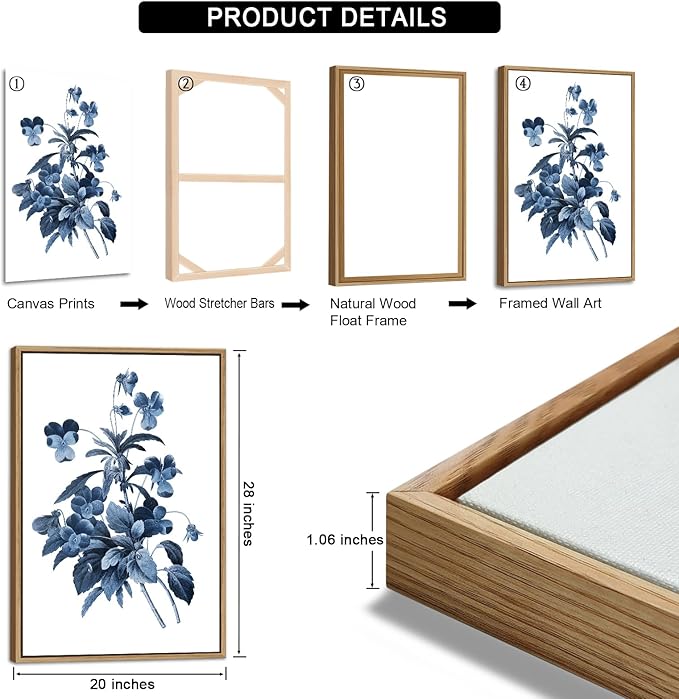 Large Framed Canvas Wall Art - Natural Float Framed Indigo Flowers Picturtes for Living Room Decor Retro Blue Floral Botanical Artwork Plants for Bedroom Kitchen Home Office Decor 60" X 28" Set of 3