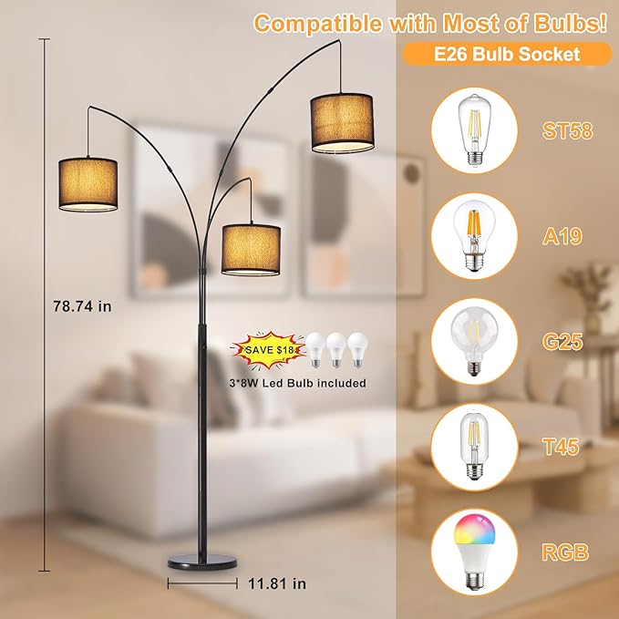 DLLT Modern Floor Lamp for Room: 3-Light Black Tree Dimmable Floor Lamps with Black Shades for Living Room - Arc Standing Lamp for Bedroom - Tall Floor Lamp for Office Corner 3 LED Bulbs Included