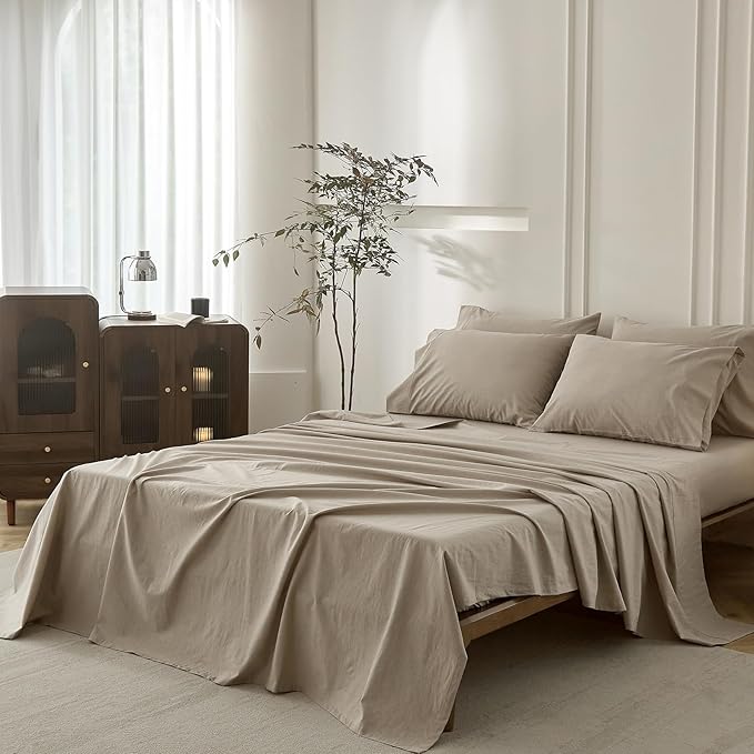 6PS Linen Like Bedding Sheet Sets Linen Grey Queen Size Cotton Bedding Set Oeko-TEX Standard 100% Washed Cotton Deep Pocket Queen Size Fitted Sheet Plus Cozy Flat Sheet and 4 Pillowcases