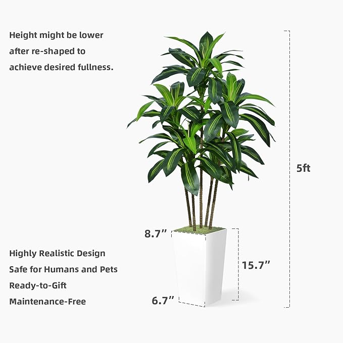 Artificial Dracaena Tree 5FT - Faux Tree with Gray Tall Planter - Fake Tropical Yucca Floor Plant in Pot - Artificial Silk Tree for Home Office Living Room Decor Indoor