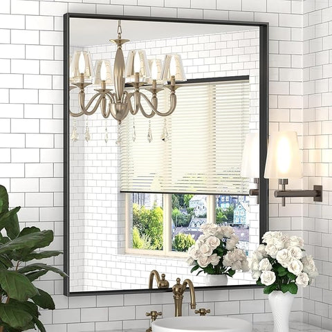 DENRICK 16x20 inch Black Frame Mirror, Wall Bathroom Vanity Mirror, Modern Rectangular Round Corner Matte Frame (Horizontal/Vertical)