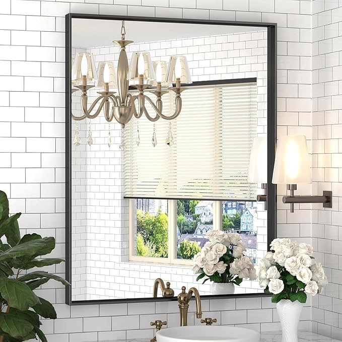 Brushed Metal Thick Frame Bathroom Mirror 24 x 30 Inch Metal Frame Black Rectangular Wall Mirror Matte Black Vanity Mirrors Square Corner, Modern Rectangle Mirrors(Horizontal/Vertical)
