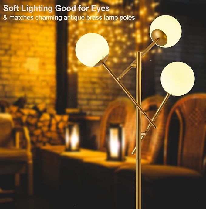 Fiqevs 3 Globe Floor Lamp with 2700K Warm Light & LED Bulbs Included, Mid Modern Gold Standing Lamp with Adjustable Lampshade, Arc Sputnik Tree Tall Lamp for Living Room, Bedroom - Antique Brass