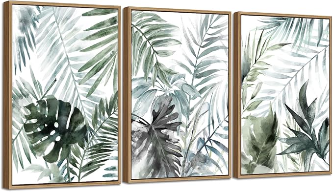 Large Framed Canvas Wall Art - Natural Float Framed Tropic Leaf Pictures Wall Art Prints for Living Room Decor Green Plants Artwork for Bedroom Kitchen Home Office Decoration 48" X 24" Set of 3