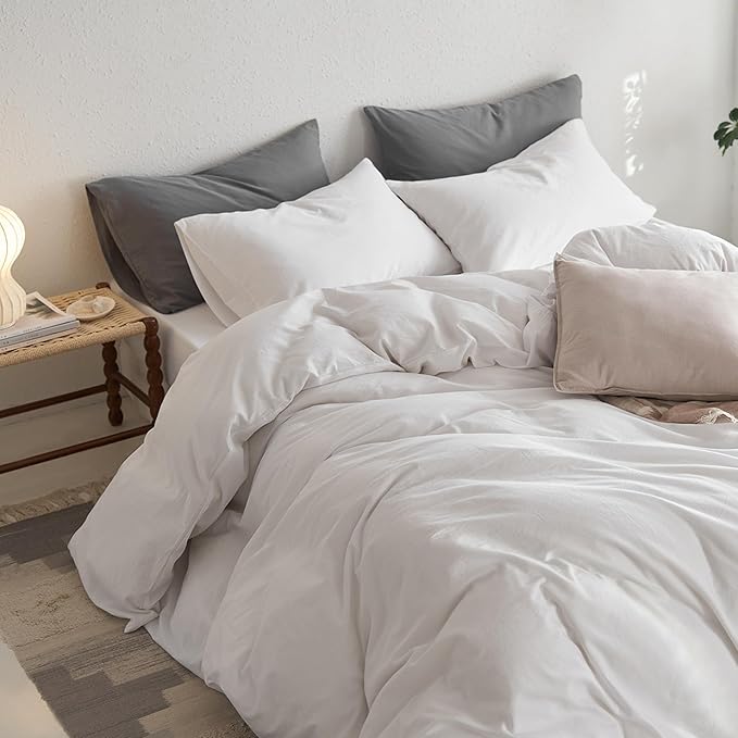 MooMee Twin Duvet Cover Set, 100% Washed Cotton Linen Like Twill Thick Sturdy Material Super Soft Breathable Durable Bedding for All Season, 2 Pieces (Bright White, Twin 68"x90")