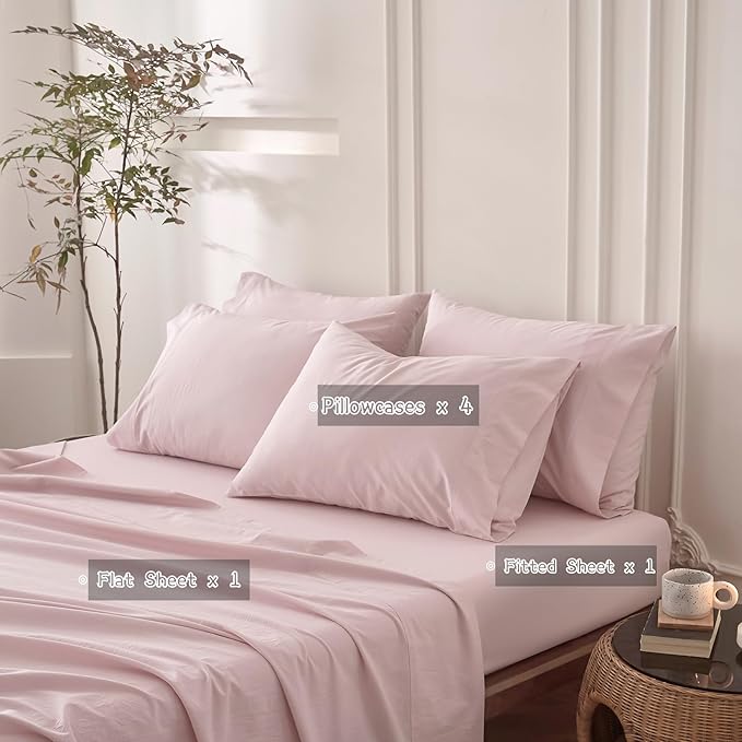 6PS Linen Like Bedding Sheet Sets Greyish Pink Cotton Bedding Set Oeko-TEX Standard 100% Washed Cotton Deep Pocket King Size Fitted Sheet Plus Cozy Flat Sheet and 4 Pillowcases
