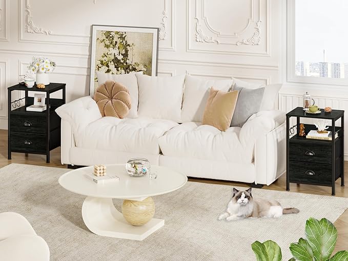 Furologee Nightstands Set 2, End Tables with 2 Fabric Drawers, Bedside Tables with Hooks and Shelf, Side Tables for Bedroom/Living Room/Study/Black Oak