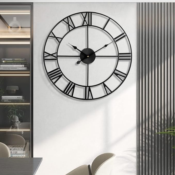 Silent Non-Ticking Decorative Large 24 Inch Metal Vintage Retro Roman Numerals Wall Clock, Battery Operated for Living Room, Bedroom, Kitchen, Office, Cafe Farmhouse Decor