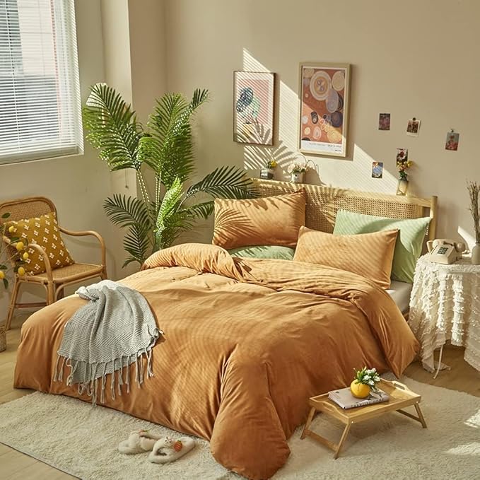 CLOTHKNOW Brown Queen Comforter Set 3Pcs Fluffy Bedding Comforter Sets Pumpkin Queen Comforter Soft Orange with 2 x Pillow Cases