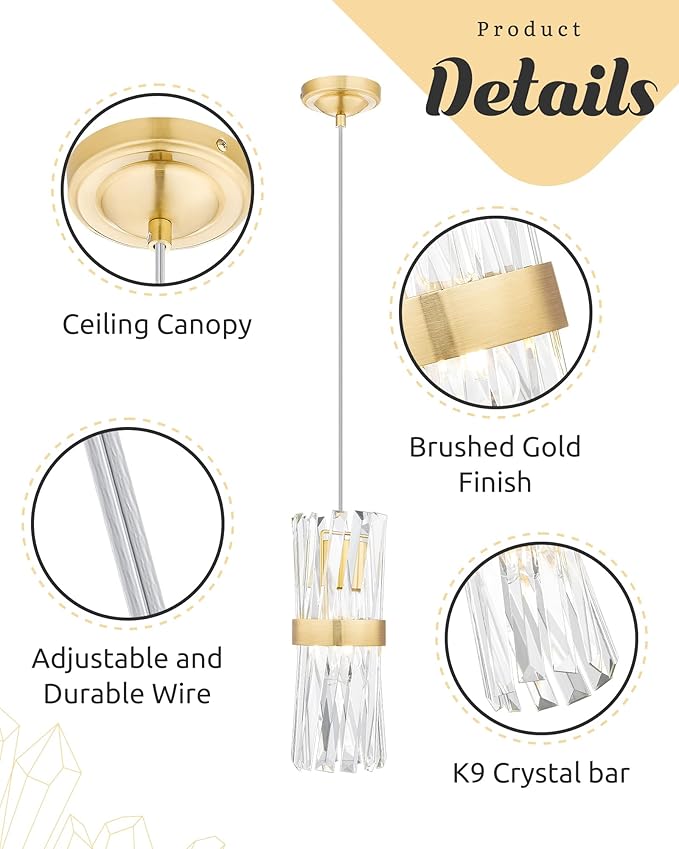 Ken & Ricky Crystal Pendant Lights, Modern Pendant Lights Kitchen Island, Gold Pendant Light for Kitchen Dinning Room Bathroom, Pendant Light with Two Style Options, KR3355-1PK
