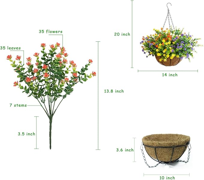 Artificial Hanging Plants Flowers with Basket for Spring Summer Outdoor Decoration, Yellow Purple White Orange