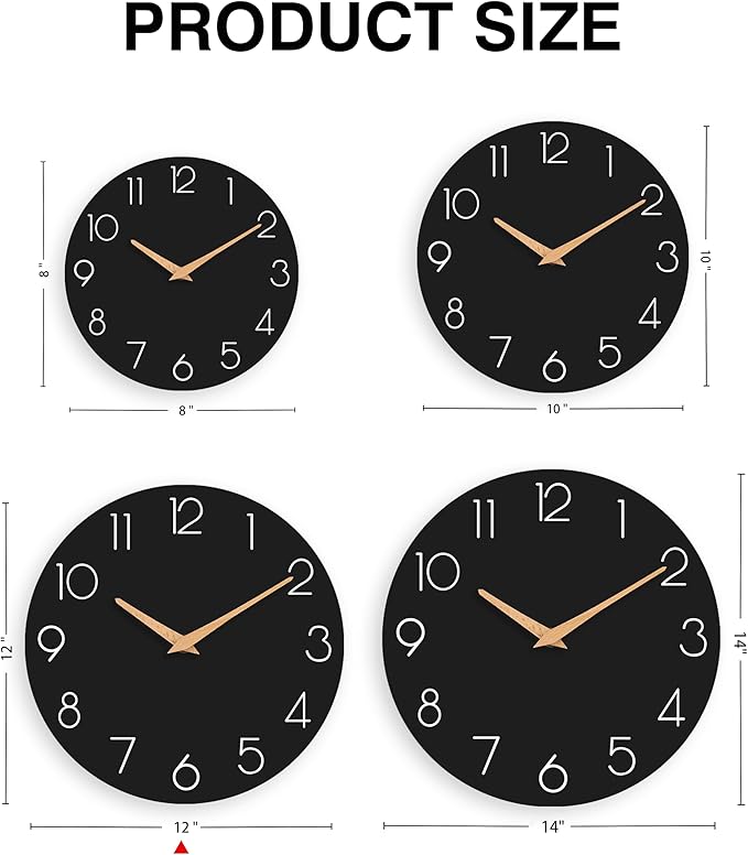 Wall Clock, 12 Inch Wooden Silent Non-Ticking, Decorative Battery Operated Wall Clocks for Bedroom, Kitchen, Home, Living Room, Office, School, Hotel (Black)