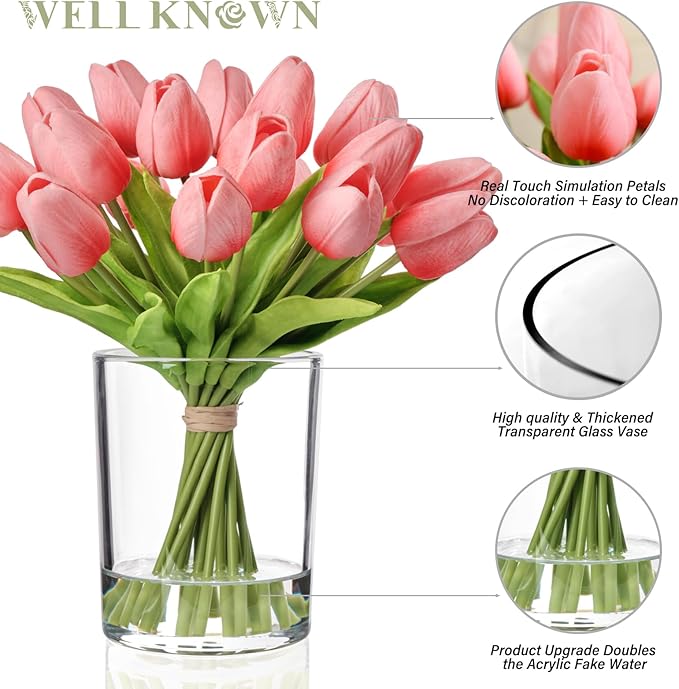 WELL KNOWN 20 Pcs Tulips Artificial Flowers in Vase, Real Touch Tulips with Vase with Upgrate Acrylic Water Flower Arrangements Centerpiece for Dining Room Table Decoration
