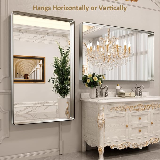 LOAAO 60X30 Inch Brushed Nickel Bathroom Mirror, Rounded Rectangle Silver Metal Frame Mirror, Brushed Nickel, Anti-Rust, Shatter Proof, Hangs Horizontally or Vertically