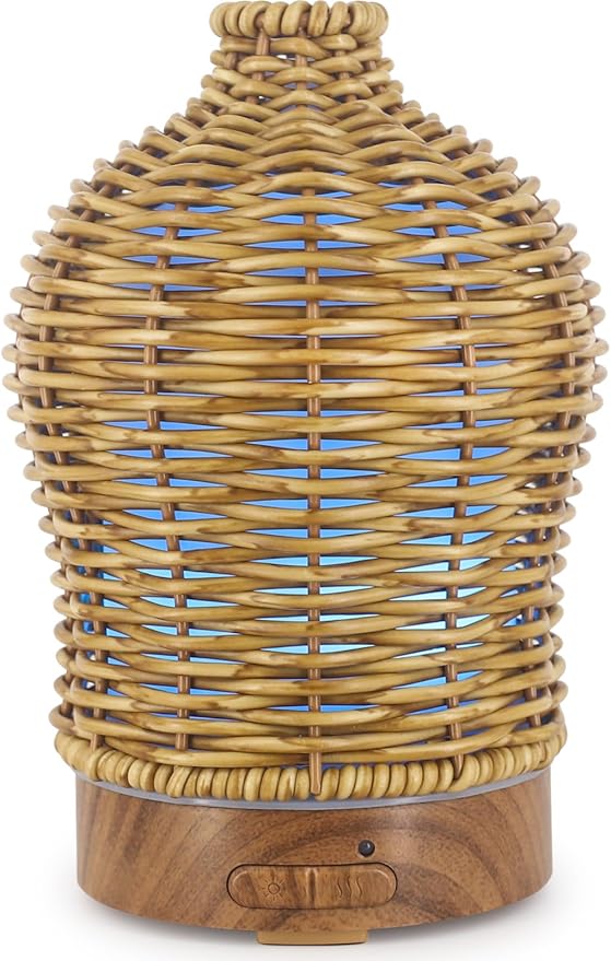 Essential Oil Diffuser - Multifunction Aromatherapy Diffuser 7 LED Color Changing Light 150ML Rattan Diffuser Easy to Clean Suitable for Home,Office（Brown）