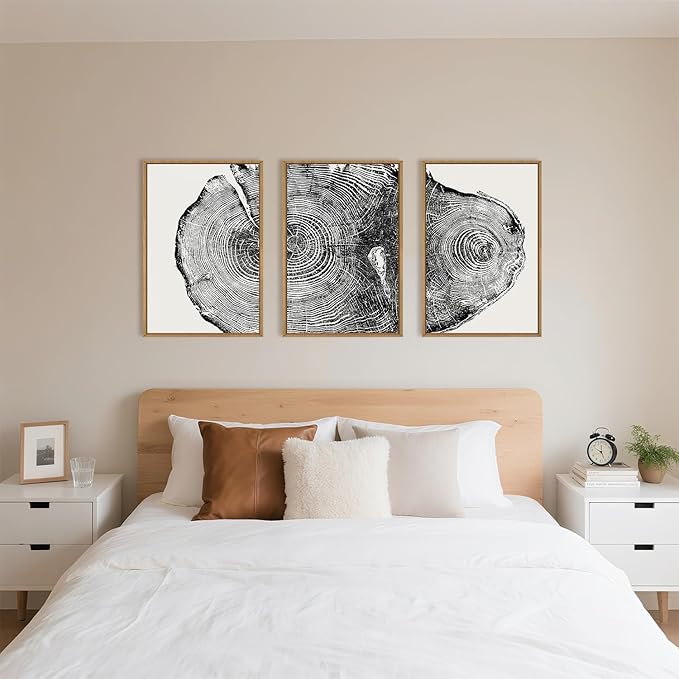 Large Vintage Tree Ring Framed Canvas Wall Art,Abstract Wood Stump Wall Decor,Neutral Annual Ring Artwork,Modern Black and White Art Print for Living Room,Bedroom,Office- 24"x36"x3