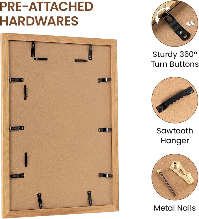 13x19 Picture Frame, Natural Solid Wooden Picture Frames with Tempered Glass, Display 11x14 with Mat or 13x19 Without, Vertical or Horizontal Wall Hanging Photo Frame, Natural Oak Color, 1 Pack