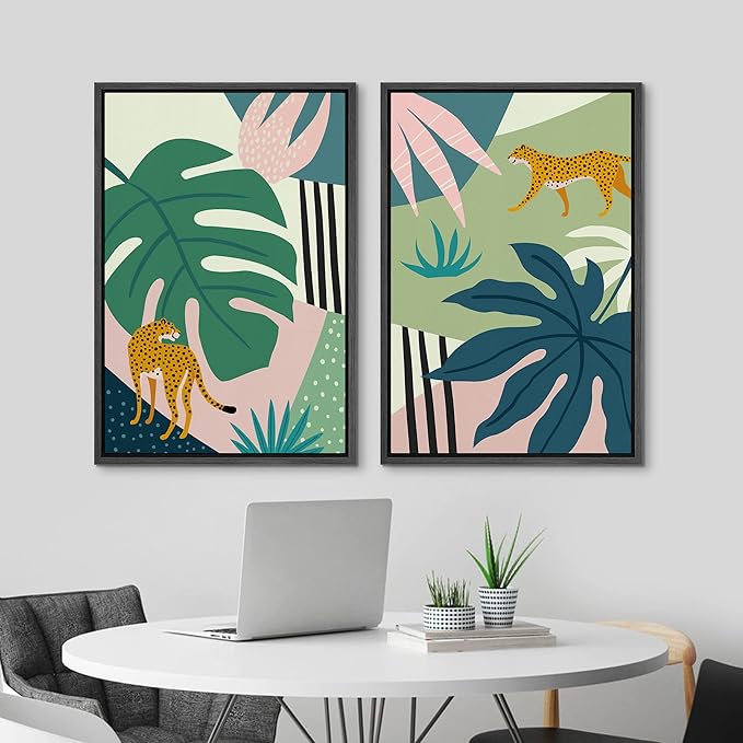 MUDECOR Framed Canvas Print Wall Art Jungle Cheetahs with Tropical Monstera Leaves Abstract Shapes Illustrations Modern Bohemian Nature Colorful for Living Room, Bedroom, Office - 16"x24"x2 Black