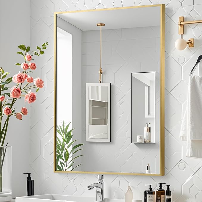 Gold Bathroom Mirror, 24"x36" Rectangle Mirror, Brushed Gold Mirror, Metal Frame Square Corner Vanity Mirror, Wall Mounted Mirror for Modern, Living Room, Bedroom, Horizontal Or Vertical