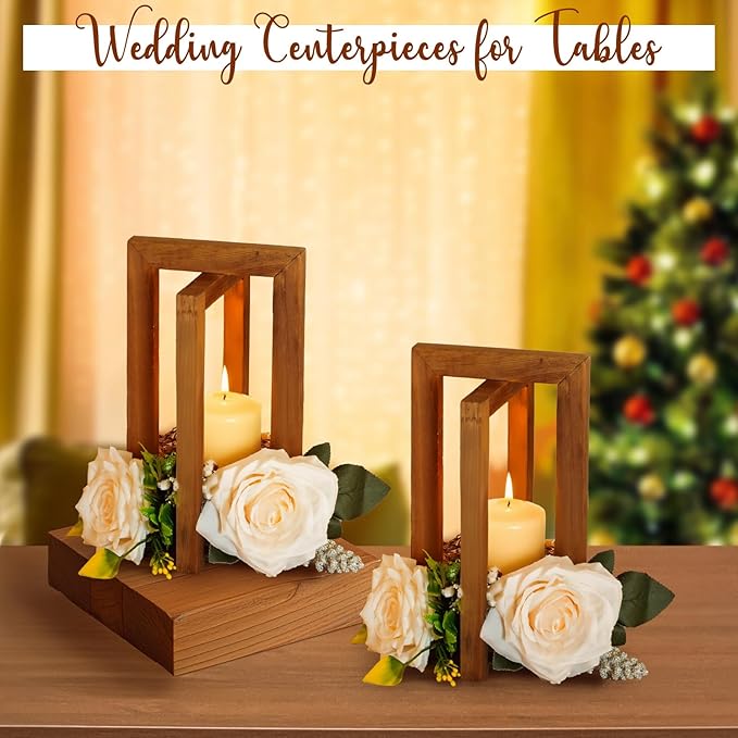 OurWarm 10Pcs Wedding Centerpieces for Tables, Foldable Centerpiece Table Decorations Center Pieces Decoration for Table, Rustic Wood Lantern Centerpieces for Tables Wedding Party Table Decor (Brown)
