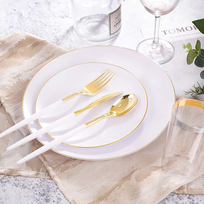 Supernal 350pcs Gold Plastic Dinnerware Set for 50 Guests,Fancy Disposable Plates for Party,Gold Plastic Silverware with White Handle,Disposable White Plates Wedding,Birthday