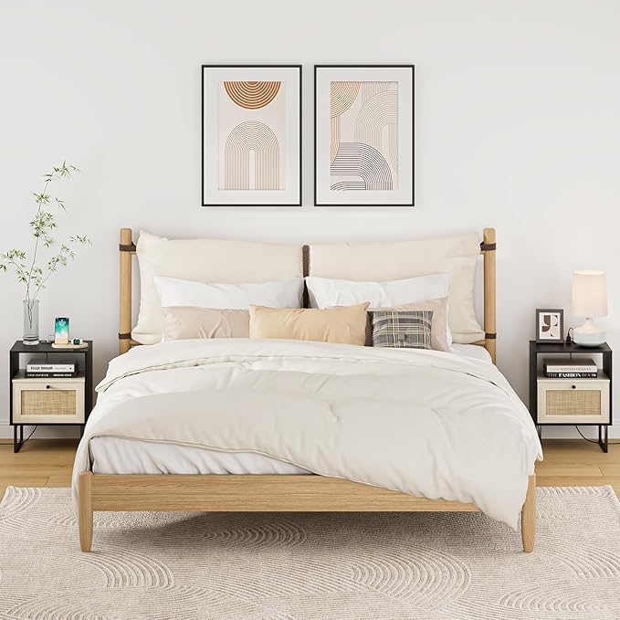 Rattan Nightstand with Charging Station, Boho Night Stand Farmhouse Wood Bedside Table with Storage and Open Shelf, End Side Accent Table for Bedroom,Living Room,Black and Oak