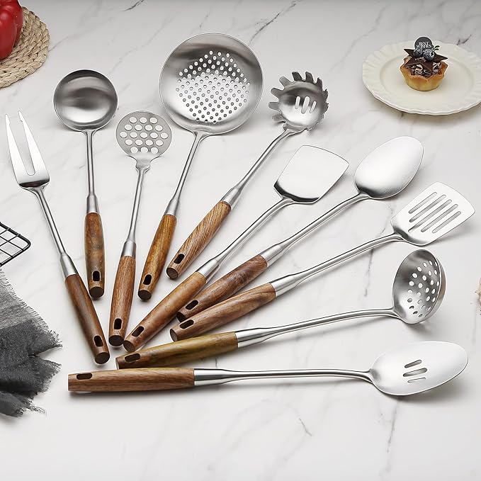 10 Pcs Cooking Utensils Set 304 Stainlss Steel Kitchen Utensils Set Heat Resistant Wooden Handle Kitchen Tools Metal Kitchen Utensil Soup Ladle Set, Dishwasher Safe