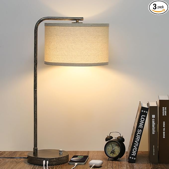 Bedside Table Lamp with USB C+A Charging Ports, Fully Dimmable Industrial Tall Nightstand Reading Desk Lamp for Bedroom, Living Room, Office, 9W LED Bulb Included